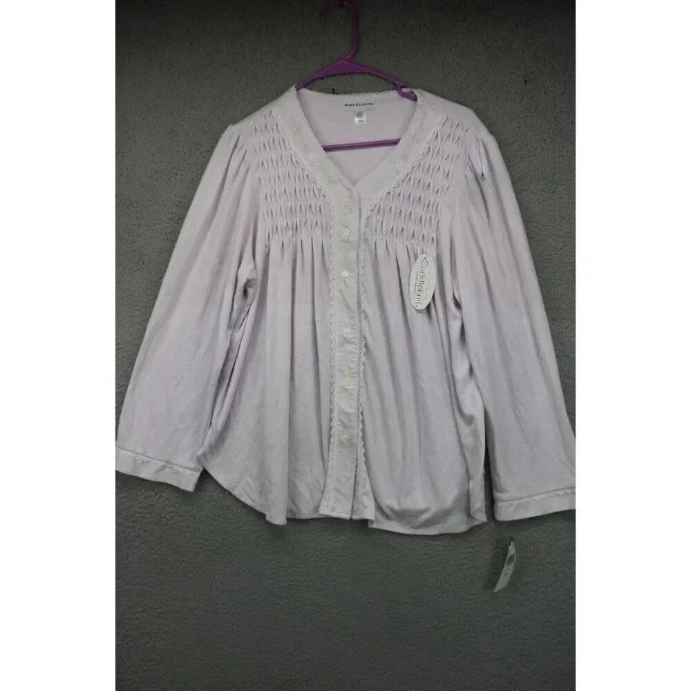 Miss Elaine Lavender Lace Embroidered Pajama Top-Large-Cuddleknit-New w/Tags